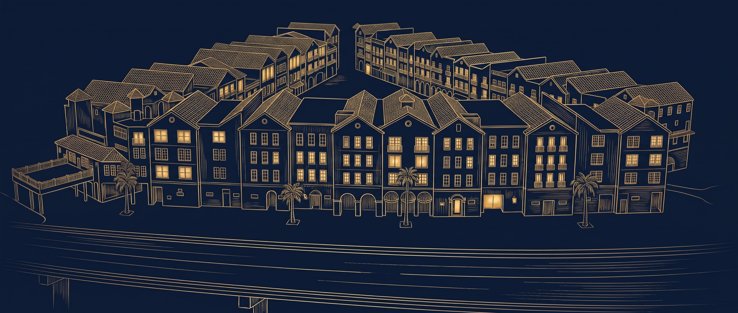 Gold line-art illustration of European Village: the curving row of townhouses with its two wings, palm trees and the elevated road out front.